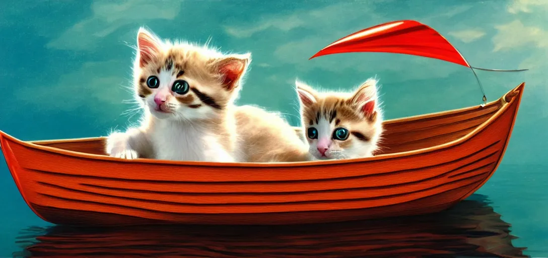 Image similar to a kitten in a boat, translucent and hyperrealistic and ultra - detailed in the style of roger dean and wlop, bloom, glow, reflection, refraction, matte, glossy, smooth, emissive material