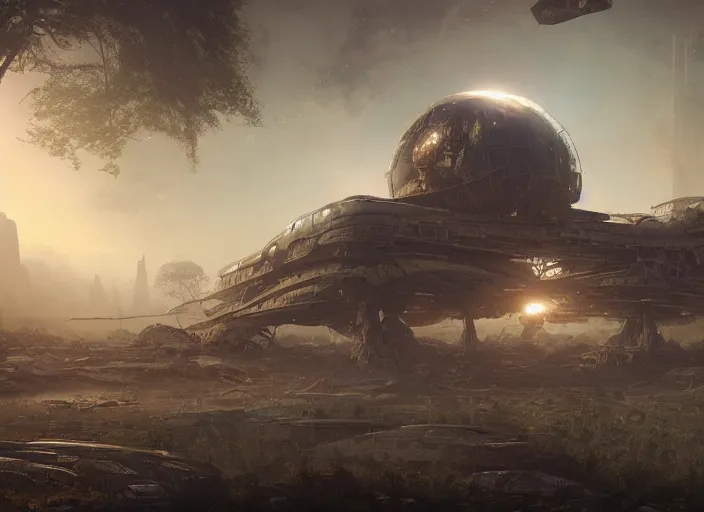 Image similar to highly detailed digital matte painting of a beautiful abandoned, overgrown, damaged crashed spaceship, by Raphael LaCoste and Ruan Jia and Robert McCall, postcyberpunk, geodesic dome, hyperdetailed, sunrise, wide shot, autochrome, octane render