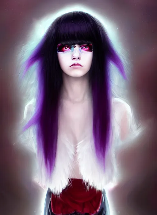 Image similar to hair blackbangs hair, white cyberlox, portrait of normal teenage girl, normal face, black bangs, messy bangs, fluffy bangs, cyberlox, whitebangs, red contact lenses, purple background, intricate, elegant, highly detailed, digital painting, artstation, concept art, sharp focus, smooth, illustration, art by wlop, mars ravelo and greg rutkowski