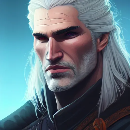 Image similar to a portrait of geralt of rivia, art by lois van baarle and loish and ross tran and rossdraws and sam yang and samdoesarts and artgerm and saruei and disney, digital art, highly detailed, intricate, sharp focus, trending on artstation hq, deviantart, unreal engine 5, 4 k uhd image