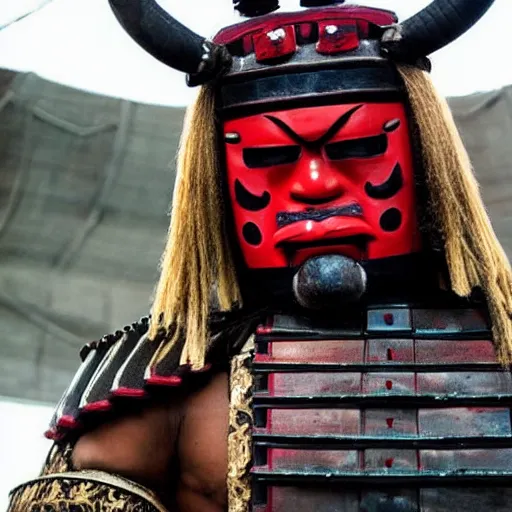 Prompt: big buff strong very buff samurai wearing an oni mask, movie still