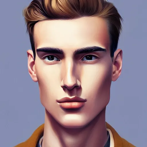 Image similar to tall man in his twenties with brown blond short quiff hair and thin slightly round facial structure with cleft chin, straight eyebrows and prominent nose, good definition of cheekbones, big hazel nut brown eyes, narrow face, slim body, atmospheric lighting, painted, intricate, 4 k, highly detailed by charlie bowater