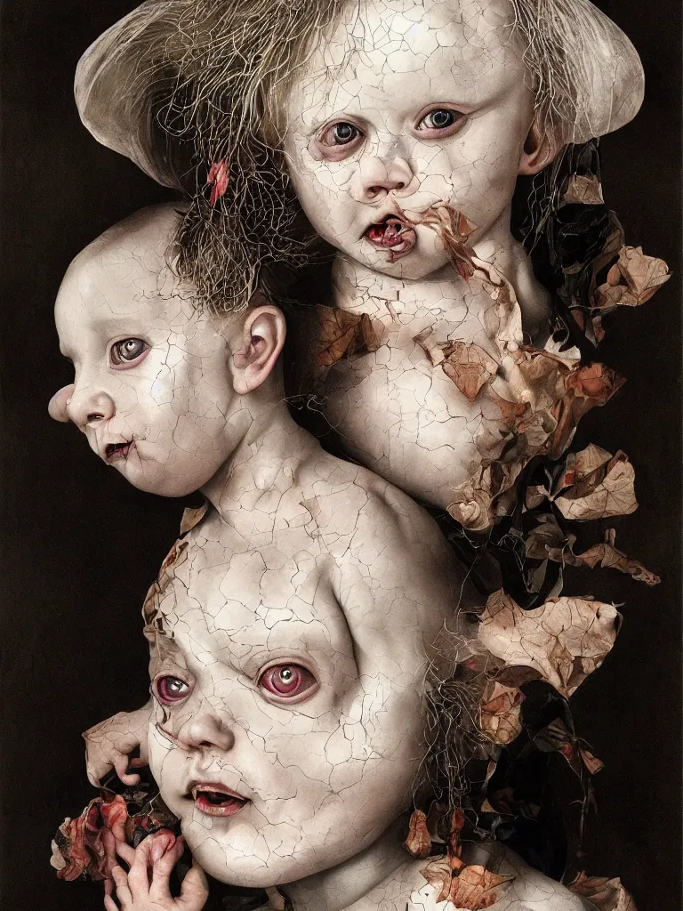 Prompt: Detailed maximalist portrait of a stunning albino child with cracked porcelain skin, dark piercing eyes, a small discrete mouth, HD mixed media, 3D collage, highly detailed and intricate, surreal illustration in the style of Caravaggio, dark art, baroque