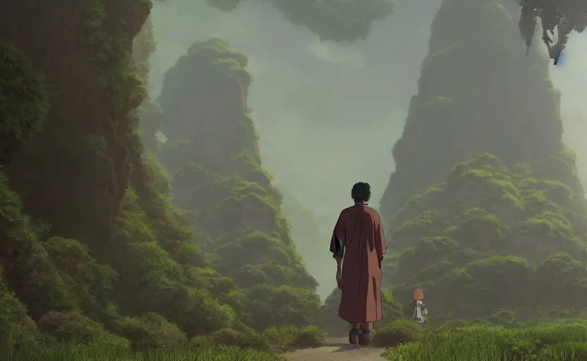 Image similar to a movie still from a studio ghibli movie showing a highly detailed landscape with a giant living buddha statue walking through a valley in the desert. misty, depth perception, 4 k