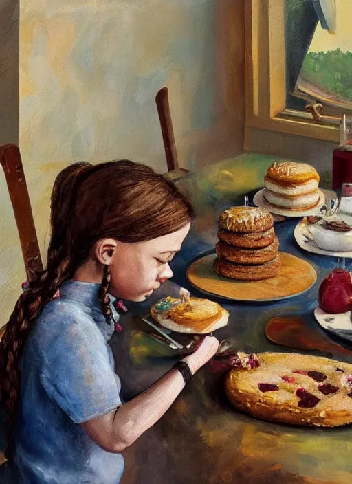 Image similar to greta thunberg eating cakes painted by otto dix, detailed digital art, trending on Artstation