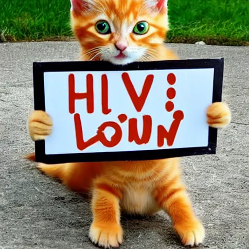 Prompt: cute orange tabby kitten with a sign that says