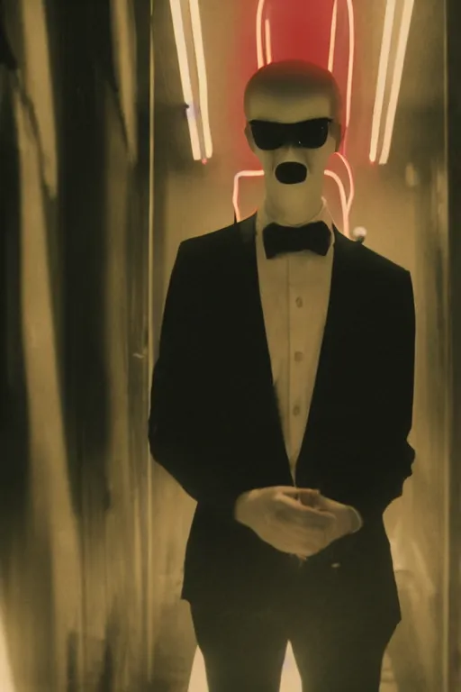 Prompt: portrait of a slender man with short hair and rounded sunglasses, malevolent smile, atmospheric and obscure, red neon light, by roger deakins, cinematography, syd mead, realistic, 8 0 mm