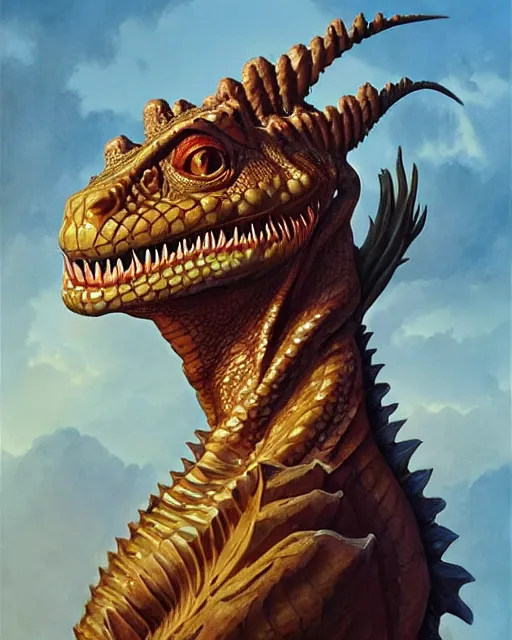 Prompt: handsome lizardman, peasant garb. noble bearing. a carved living sculpture ornate symmetry matte portrait, artgerm, rhads watercolor, serenity