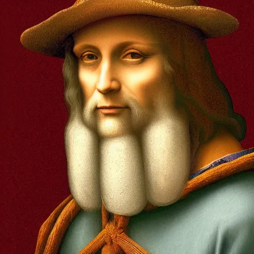 Prompt: A beautiful portrait of Leonardo Da Vinci wearing jeans and on on a psychedelic retreat in Miami, portrait, elegant, intricate, digital painting, artstation, concept art, sharp focus, illustration