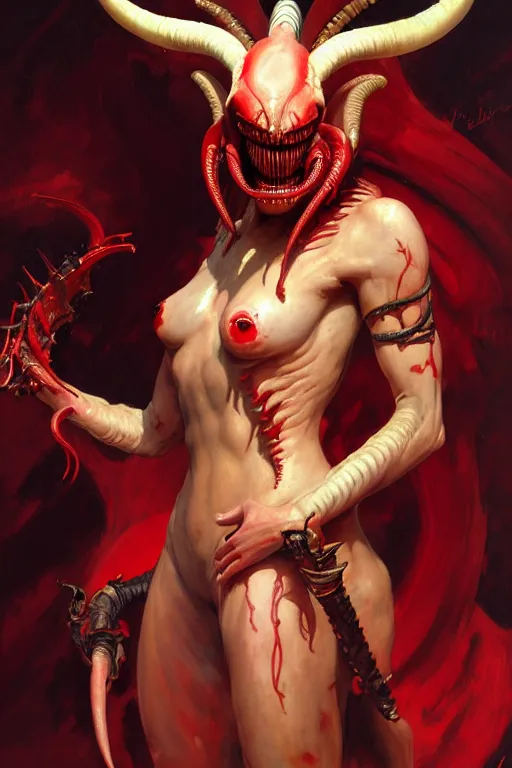 Image similar to painted close - up portrait of a very attractive red - skinned intimidating demon alien - xenomorph queen with ram horns! oil painting, wearing a noblewoman's outfit, fantasy art by john singer sargent and gaston bussiere and james jean and greg rutkowski, demon noble character design, hd