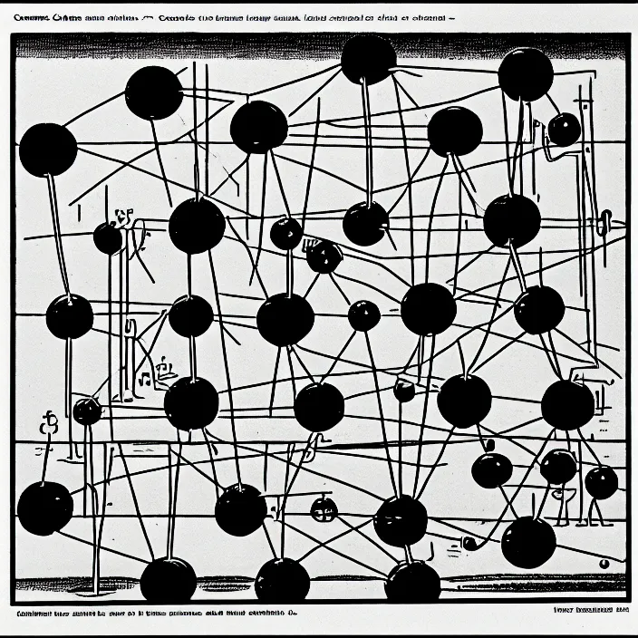 Prompt: a still frame from comic strip, a chemistry molecule model 1 9 5 0, herluf bidstrup, new yorker illustration, monochrome contrast bw, lineart, manga, tadanori yokoo, simplified,