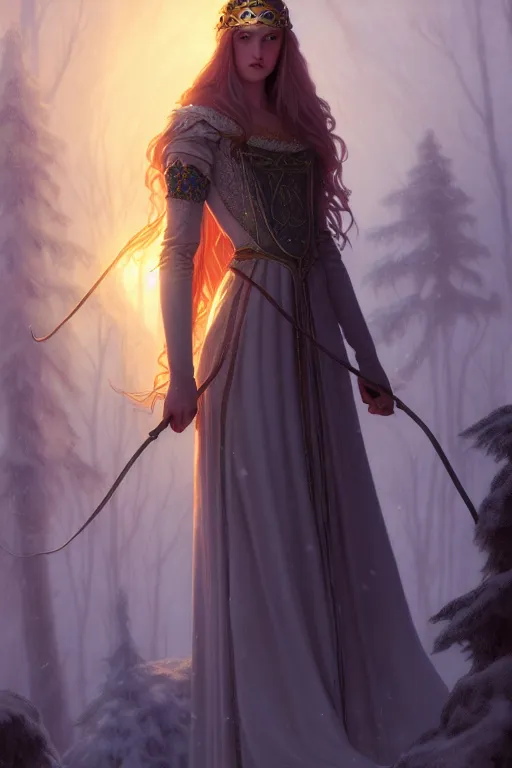 Image similar to nostalgia for a fairytale, nordic, ice, medieval maiden, long hair, tall and thin, illustration, dramatic lighting, soft details, painting, art nouveau, octane render, 8 k, hd, by edmund blair leighton, brom, charlie bowater, faces by otto schmidt