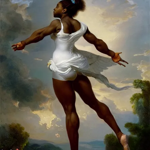 Image similar to Portrait of Serena Williams as Nike Goddess, large wings, luxuriant, dreamy, eternity, romantic, strong pose, highly detailed, in the style of Franz Xaver Winterhalter, highly detailed, in the style of Aetherpunk