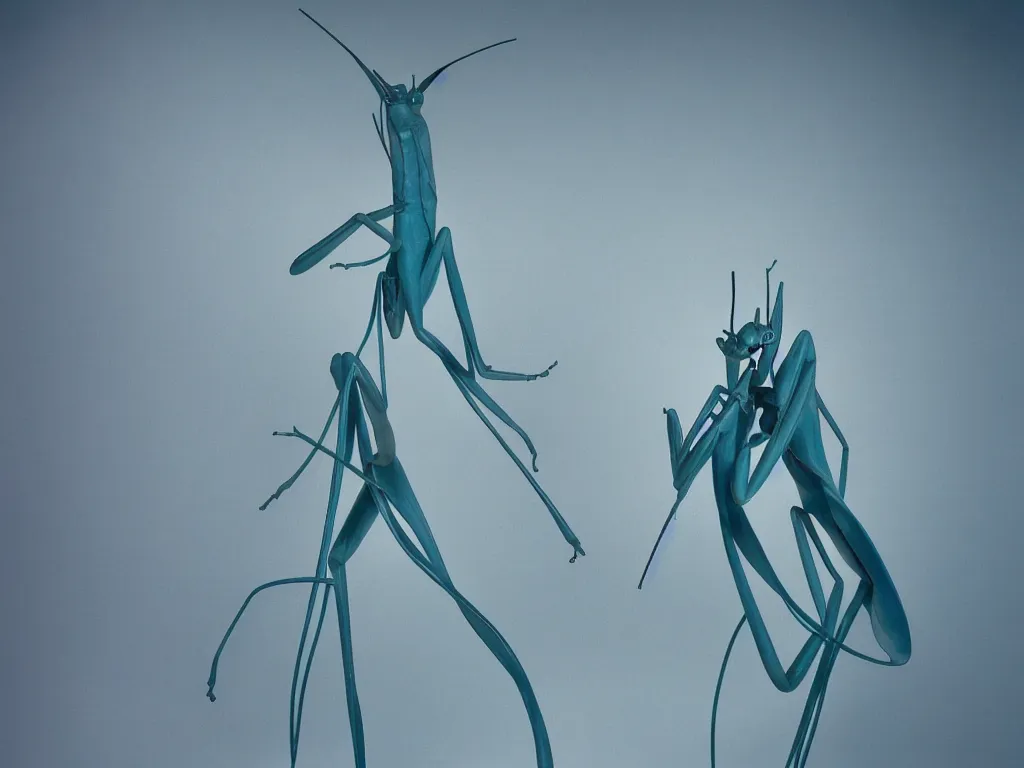 Prompt: a blue praying mantis. orchid mantis standing. petri dish art. subsurface scattering, translucency, backlit, diffused, smooth. studio photography high quality highly detailed award winning photograph by national geographic, by slim aarons. complementary color scheme. ( sculpture by antonio canova )