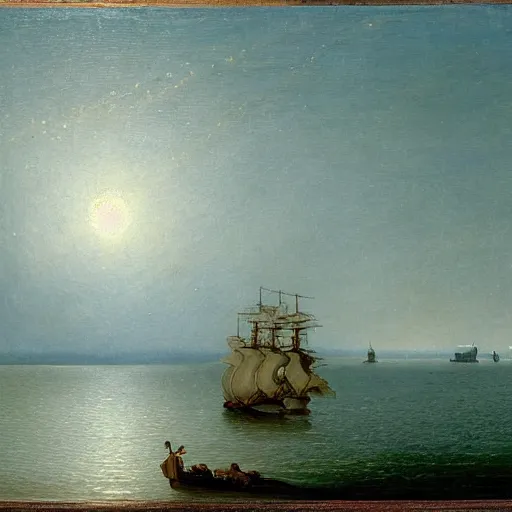 Image similar to clouds made out of the universe with luminous skies and a ship sailing in the distance, fitz henry lane, painting, detailed