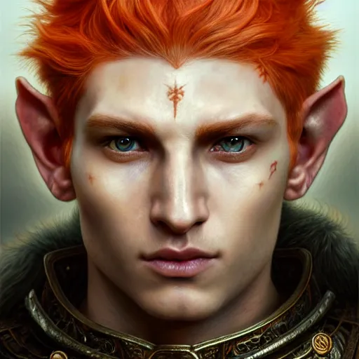 Image similar to portrait painting of an very young elven man with short light orange hair and tribal tattoos on his face wearing fur armor, ultra realistic, concept art, intricate details, eerie, highly detailed, photorealistic, octane render, 8 k, unreal engine. art by artgerm and greg rutkowski and charlie bowater and magali villeneuve and alphonse mucha