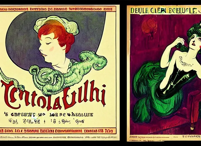 Image similar to promotional posters for Cthulu's debut show in Paris, 19th century, art noveau, fin de siecle, Toulouse Lautrec, absinthe