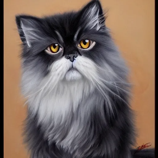 Prompt: a hyper realistic portrait of the persian cat. the persian cat has a determined expression and is holding a bazooka. highly detailed and trending on art station.