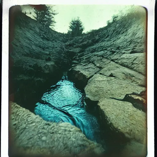 Image similar to a deep dark hole in the ground with rushing water at the bottom, creepy, eerie, unsettling, terrifying, jagged rocks, dark, old polaroid, expired film,