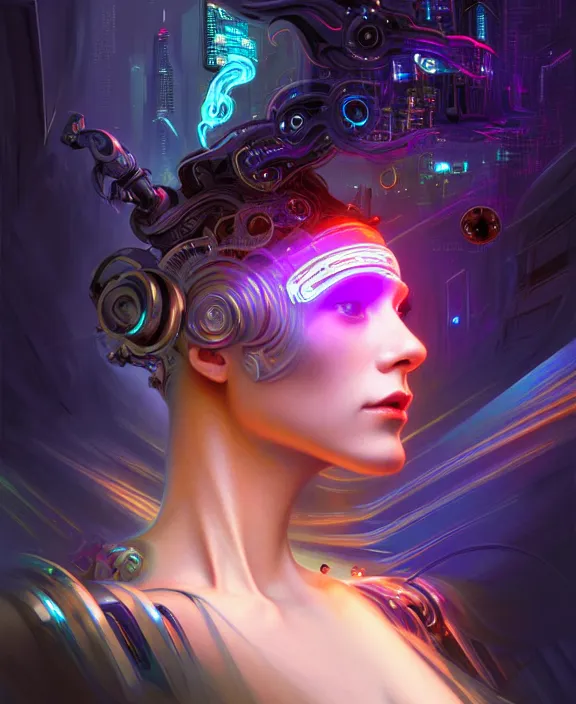 Image similar to a whirlwind of souls rushing inside the metaverse, hologram, half body, neurochip, shaved temple, piercing, jewelry, android, cyborg, cyberpunk face, by loish, d & d, fantasy, intricate, elegant, highly detailed, colorful, digital painting, artstation, concept art, art by artgerm and greg rutkowski and alphonse mucha