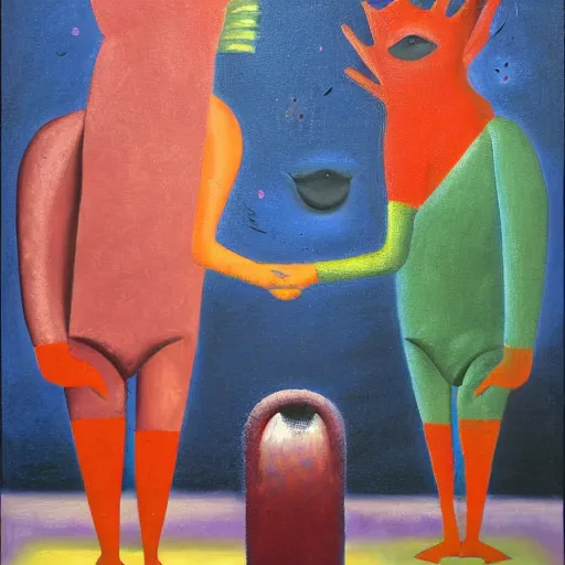 Image similar to Oil painting by Rufino Tamayo. Two mechanical gods with animal faces having a conversation. Oil painting by Lisa Yuskavage.