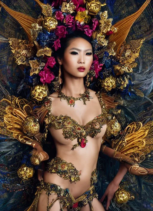 Image similar to expressive full body photo of a filipino female model, ornate headpiece made from flowers, ornaments, glamour shot, by karol bak, by stefan gesell, photorealistic, canon r 3, fashion photography, hyper maximalist, elegant, ornate, luxury, elite, environmental portrait, symmetrical features, octane render, unreal engine, solid dark grey background, dramatic lights