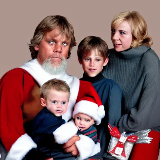 Prompt: Luke Skywalker and family in a Christmas photo with Santa