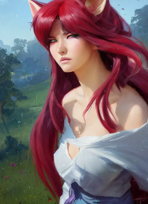 Image similar to portrait of Ahri from League of Legends after work, countryside, calm, fantasy character portrait, dynamic pose, above view, view from above, sunny day, thunder clouds in the sky, artwork by Jeremy Lipkin and Giuseppe Dangelico Pino and Michael Garmash and Rob Rey, very coherent symmetrical artwork, sharp edges, perfect face, simple form, 100mm