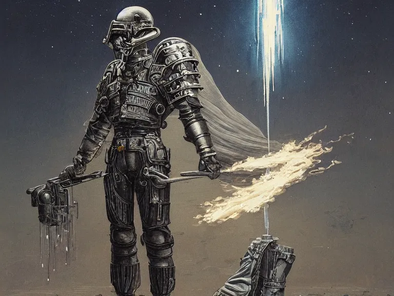 Prompt: a detailed profile painting of a bounty hunter in engraved armour and visor. WW2 cinematic sci-fi poster. Cloth and metal. Welding, fire, flames, samurai Flight suit, accurate anatomy portrait symmetrical and science fiction theme with lightning, aurora lighting clouds and stars. Clean and minimal design by beksinski carl spitzweg giger and tuomas korpi. baroque elements. baroque element. intricate artwork by caravaggio. Oil painting. Trending on artstation. 8k