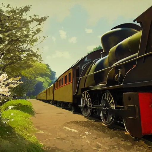 Image similar to concept art painting of a historic transverse view of a steam train, the train carries a cherry tree in flower, realistic, detailed, cel shaded, in the style of makoto shinkai and greg rutkowski and james gurney