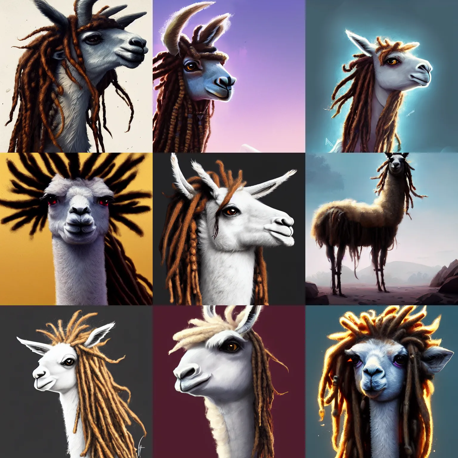 Prompt: a llama with dreadlocks, 4k, Greg Rutkowski, ArtStation