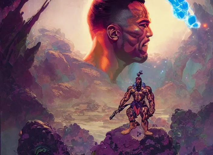 Prompt: the rock as a hawaiian warrior surrounded by intergalactic planets connected by streams of magical flow, sigma male, gigachad, visually stunning, luxurious, by james jean, jakub rebelka, tran nguyen, peter mohrbacher, yoann lossel, wadim kashin