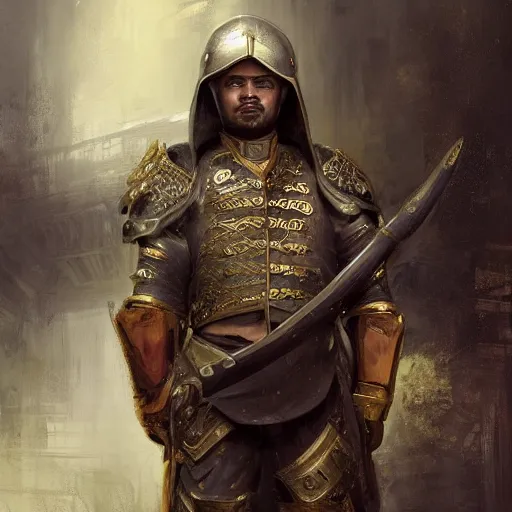 Image similar to Medium shot young idealistic and pious homely male Imperial soldier wearing a black tabard with light yellow accents over a brown gambeson and a {realistic steel helm!!!!!}, by Raymond Swanland Greg Rutkowski Lise Deharm, {perfect face}, {perfect eyes}, {uncertain look}, {on edge}