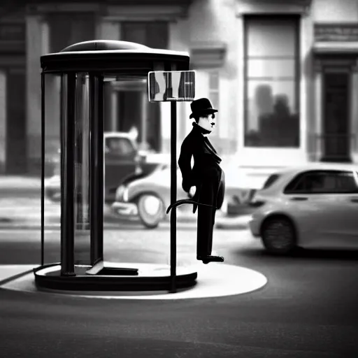 Image similar to charlie chaplin at a bus stop, black and white color aesthetic, highly detailed, photorealistic portrait, bright studio setting, studio lighting, crisp quality and light reflections, unreal engine 5 quality render