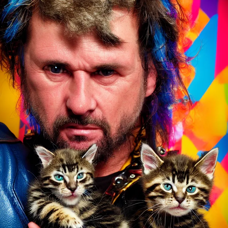 Prompt: close - up octane render portrait by wayne barlow and carlo crivelli and glenn fabry, a big bad biker dude, holding cute kitten, inside a colorful highly - themed biker bar, very short depth of field, bokeh