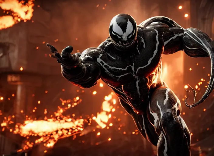 Image similar to venom fused with doomslayer, ultra realistic 4 k unreal engine very cinematic render with ray tracing bloom ambient occlusion strong reflections depth of field fog