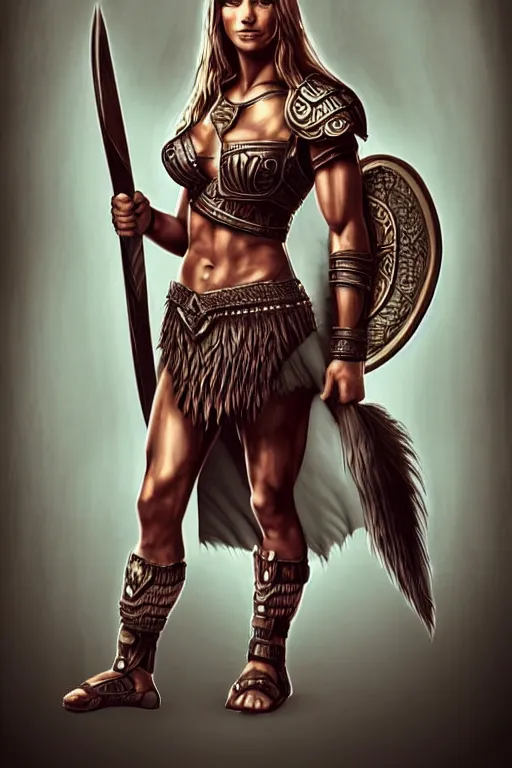 Image similar to full body portrait, thin muscular viking amazon warrior woman, 6 pack ab, symmetrical beautiful face, relaxed pose. fantasy illustration