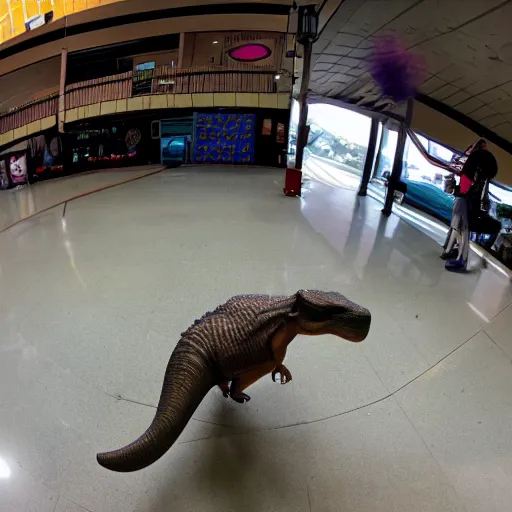 Prompt: fisheye view of dinosaur stealing a package