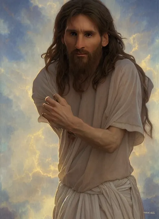 Image similar to portrait lionel messi as jesus, full length shot, shining, 8 k highly detailed, sharp focus, illustration, art by artgerm, mucha, bouguereau