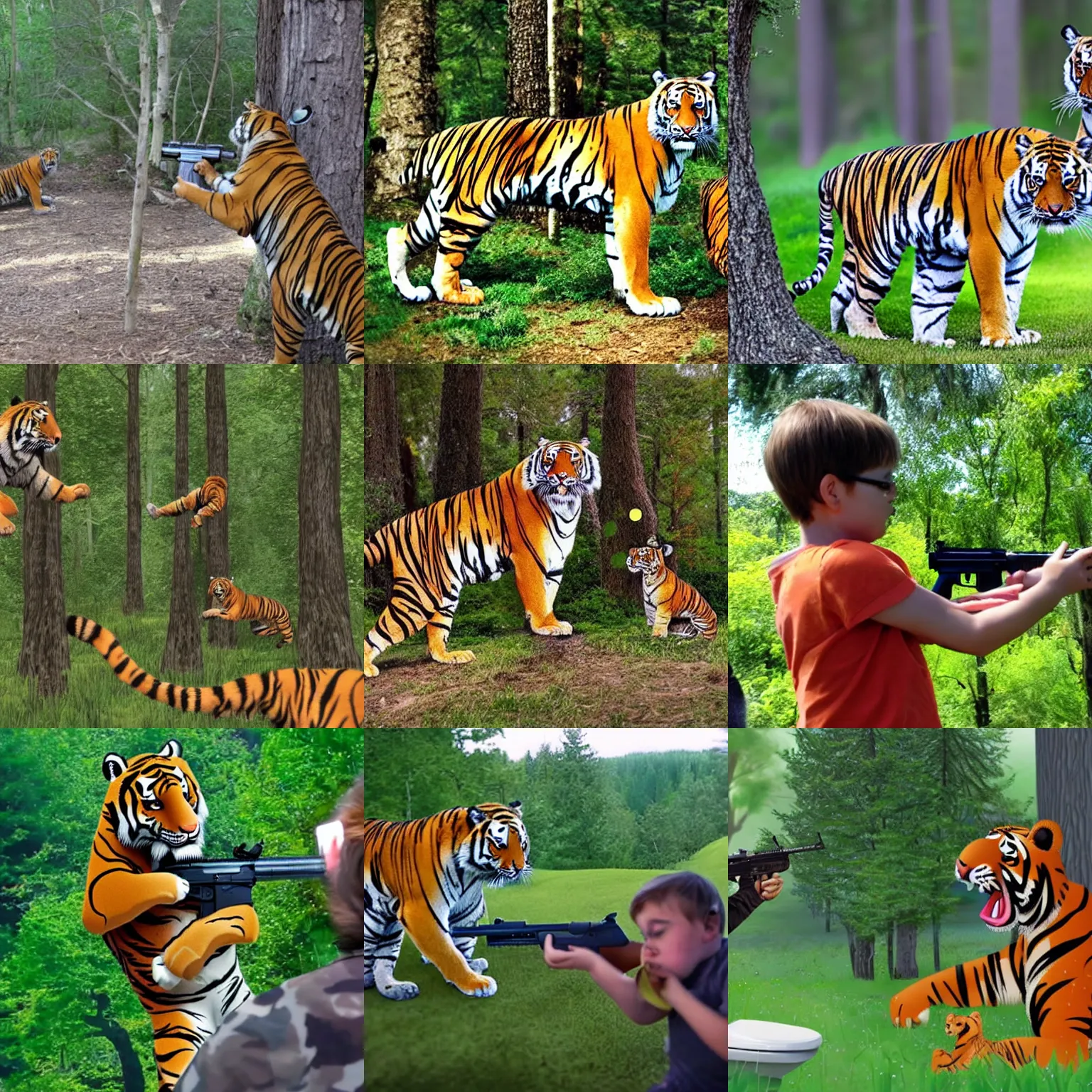 Prompt: tiger and his ar - 1 5 shooting trees, high definition, amazing, toilet babies watching