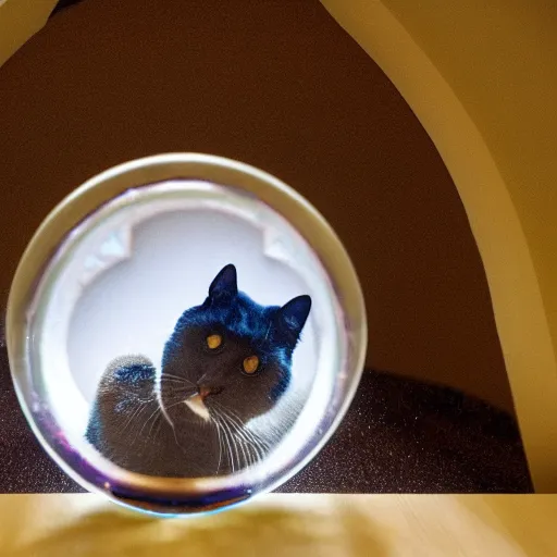 Prompt: a cat peaks out of a circular bubble window