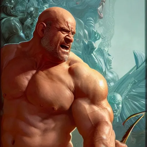 Image similar to hulking herculean barbarian danny devito, masterpiece, intricate, elegant, highly detailed, digital painting, artstation, concept art, smooth, sharp focus, illustration, art by artgerm and greg rutkowski and alphonse mucha and uang guangjian and gil elvgren and sachin teng, symmetry!!