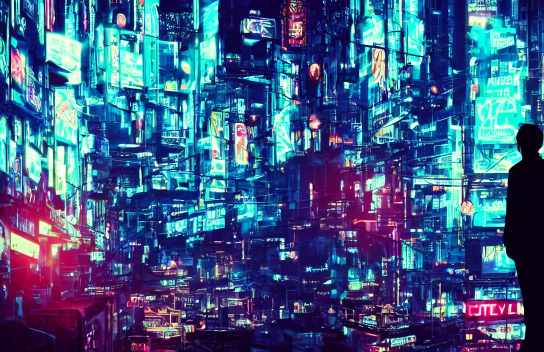 Prompt: one man silhouette standing in front of a cyberpunk city, neon lights, bokeh, award wining photograph, movie still,