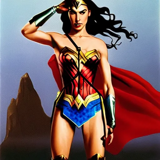 Prompt: A wide angle shot of Gal Gadot as Wonder Woman with athletic body, painting by Alex Ross