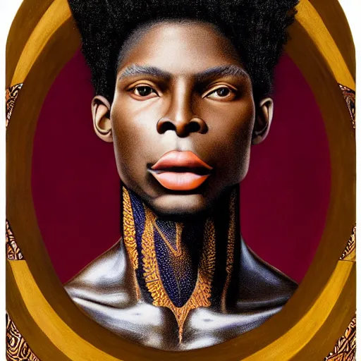 Prompt: a professionally painted african male model , clothed in ancient gothic wear, dark skin, reddish gold hair, beautiful bone structure, big symmetrical scar features, stunningly, beautiful, intricate, elegant, digital painting, smooth, sharp focus, illustration, made by Kehinde Wiley, Kara Walker, Jacob Lawrence, Sam Gilliam, Edmonia Lewis,