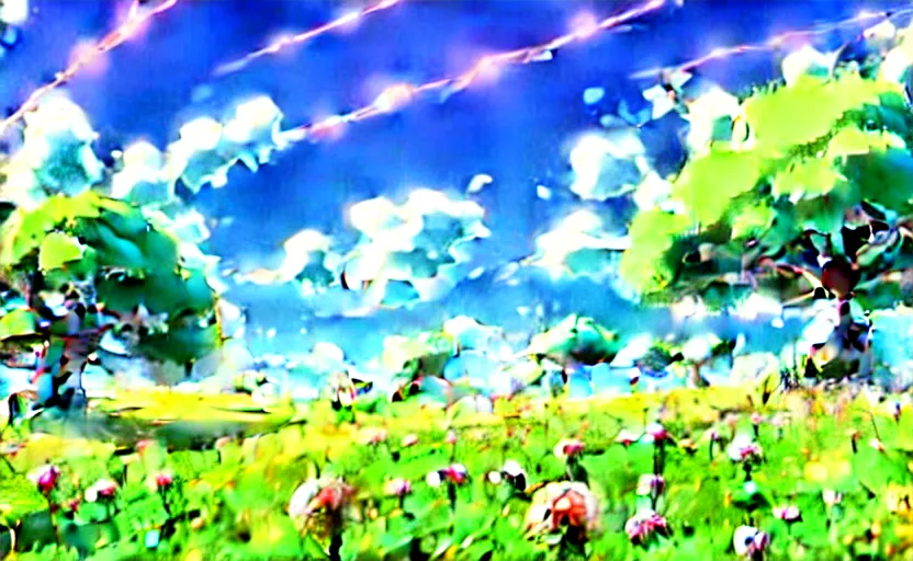 Image similar to fantastic anime sunny meadow with flowers, lone old Oak in the middle plane and mountains on the background, by Hayao Miyazaki, Nausicaa, Ghibli, Breath of the wild, Anime wallpaper