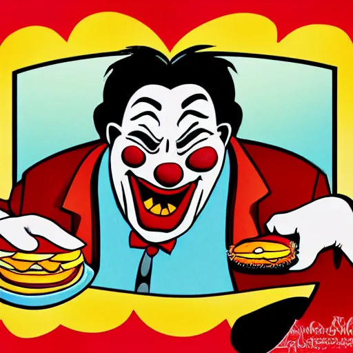 Prompt: evil fat clown eating hamburger