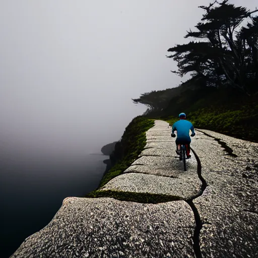 Image similar to a scene from a fever dream, bicycling on a rocky path in first person view, go-pro camera view, entering the scary murky ocean!! Fog! Ultra realistic! 25mm f/1.7 ASPH Lens!