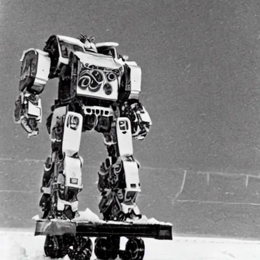 Prompt: a giant mecha doing a kickflip in the winter olympics 1960