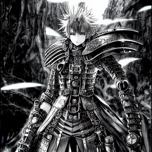 Image similar to a vertical portrait of an anime character in a scenic environment by yoshitaka amano and nihei tsutomu, black and white, dreamy, steampunk armor, highly detailed